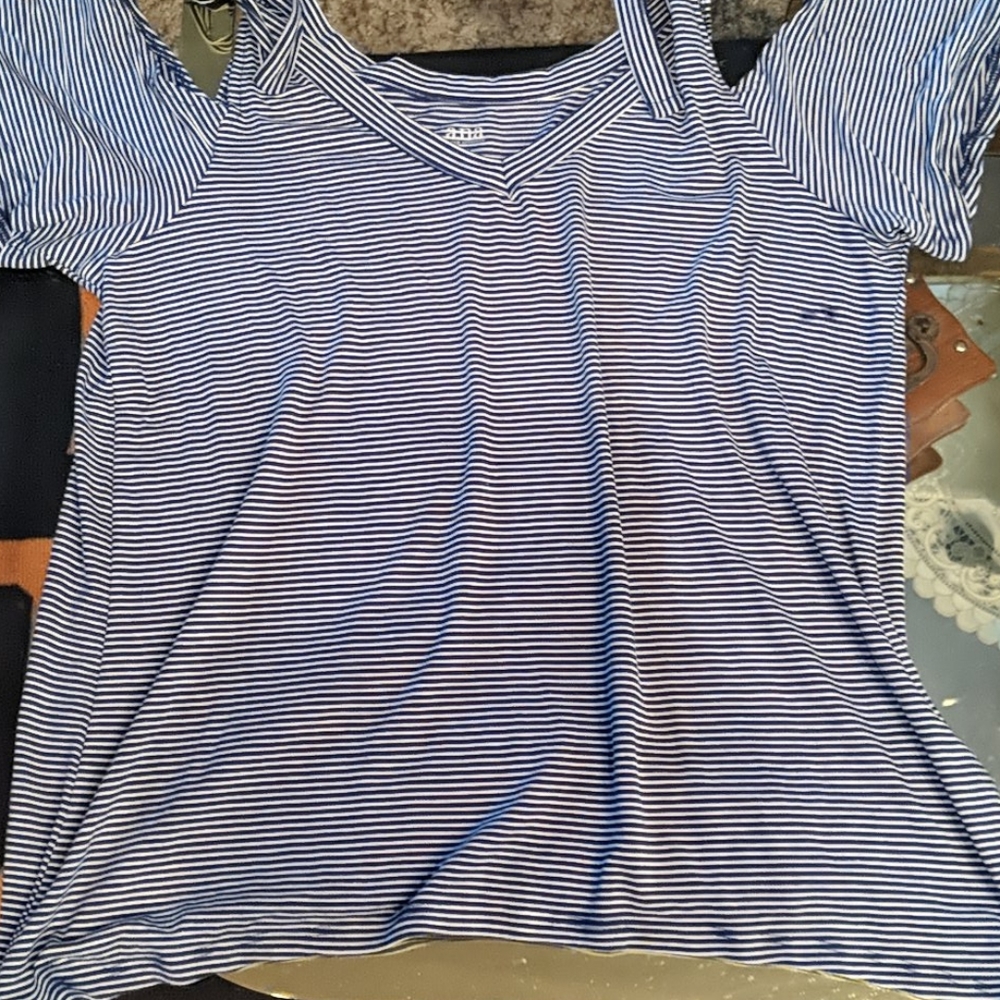A n a navy and white striped cold shoulder top